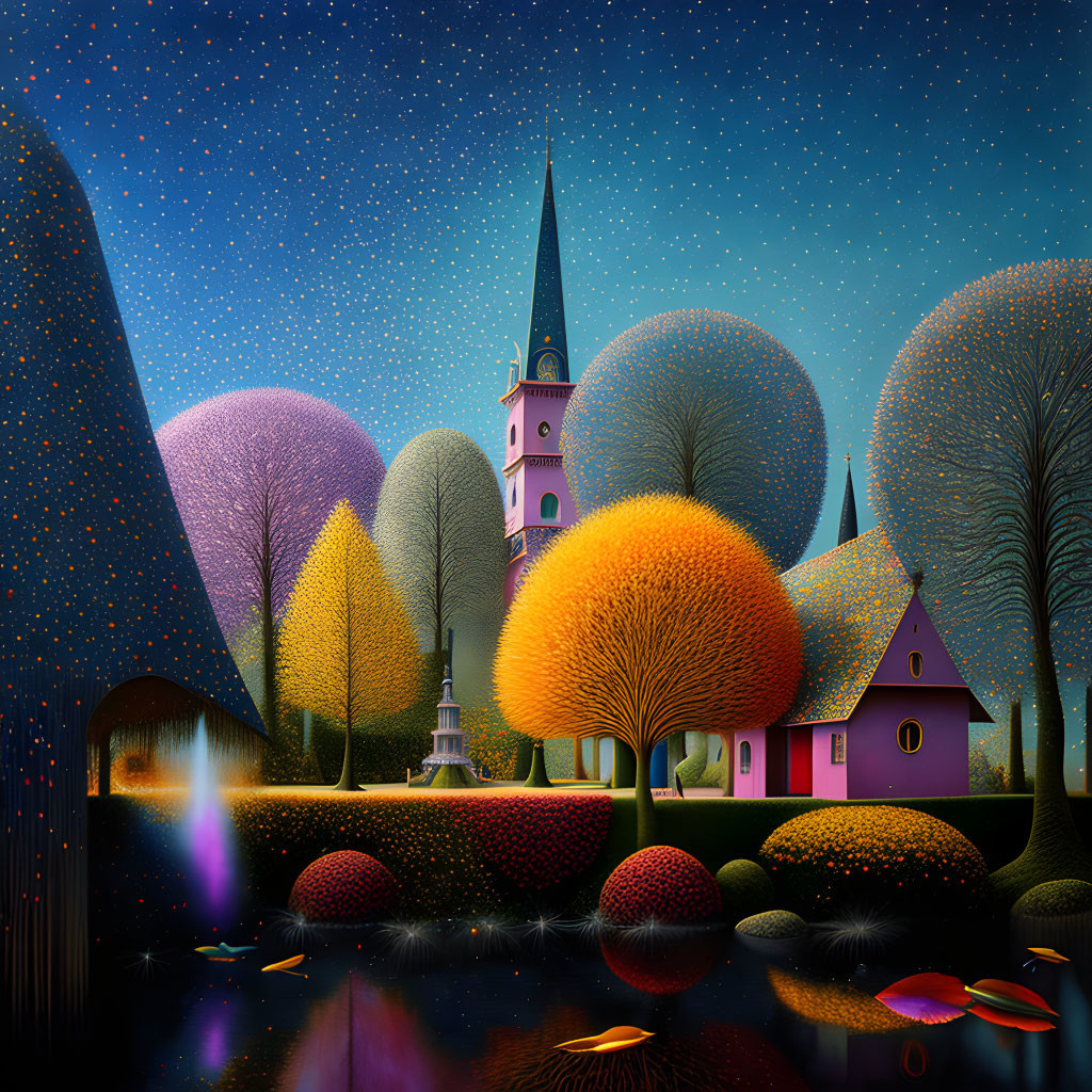 Enchanting village with spired church, colorful trees, reflective lake