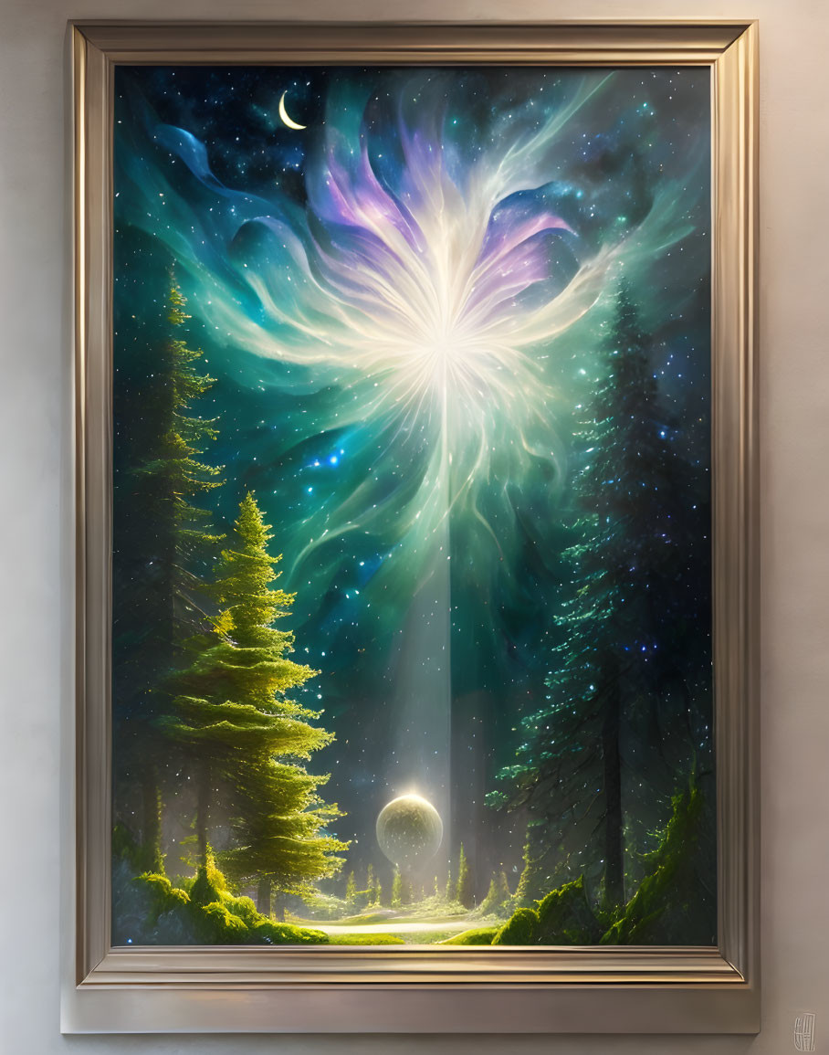 Framed painting of mystical forest at night with celestial phenomenon