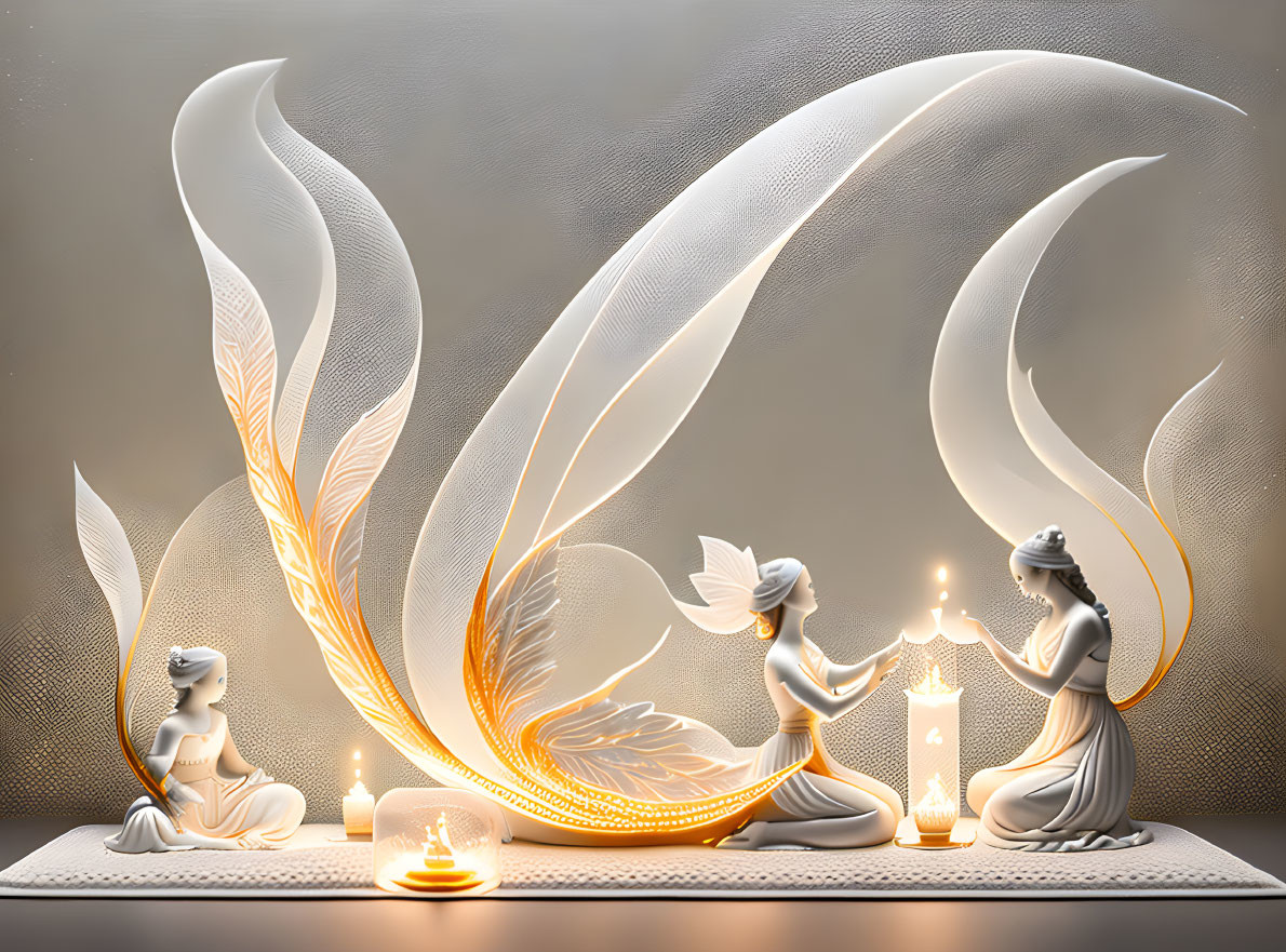 Golden-winged angelic figures holding lantern in serene setting