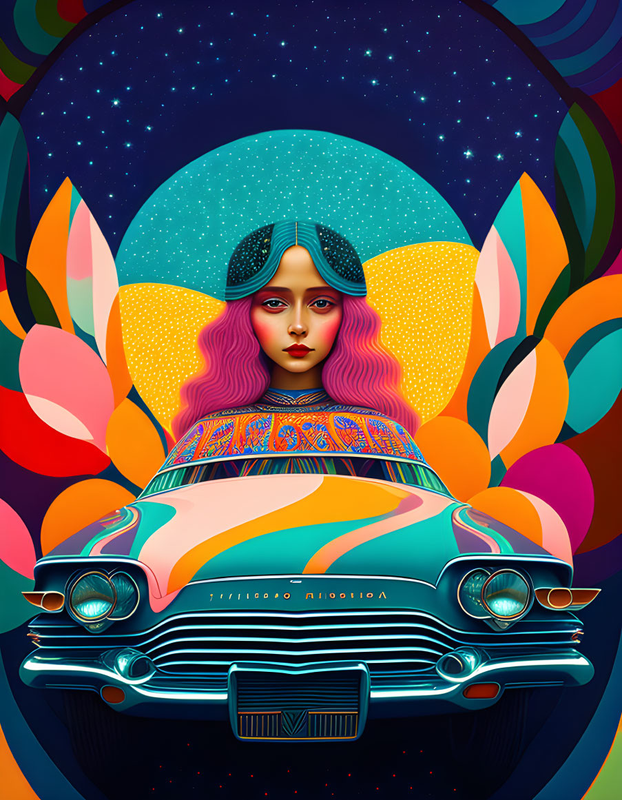 Vibrant woman with cosmic hair on classic car backdrop