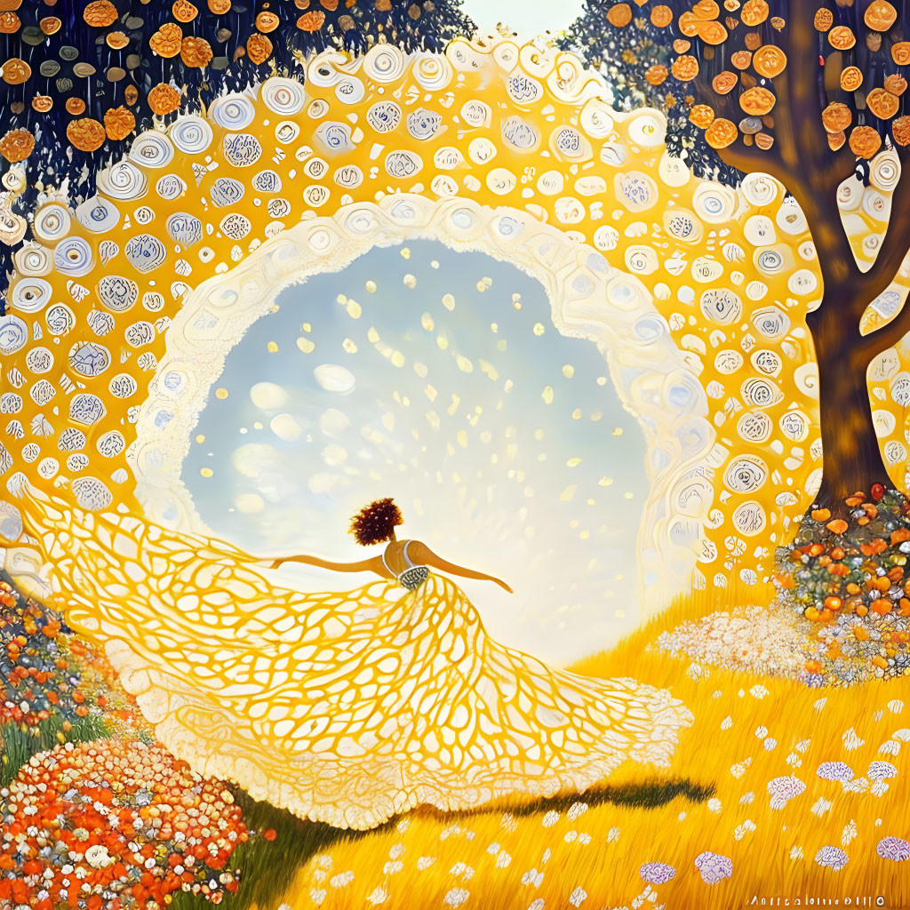 Stylized painting of woman in yellow dress under tree with colorful patterns