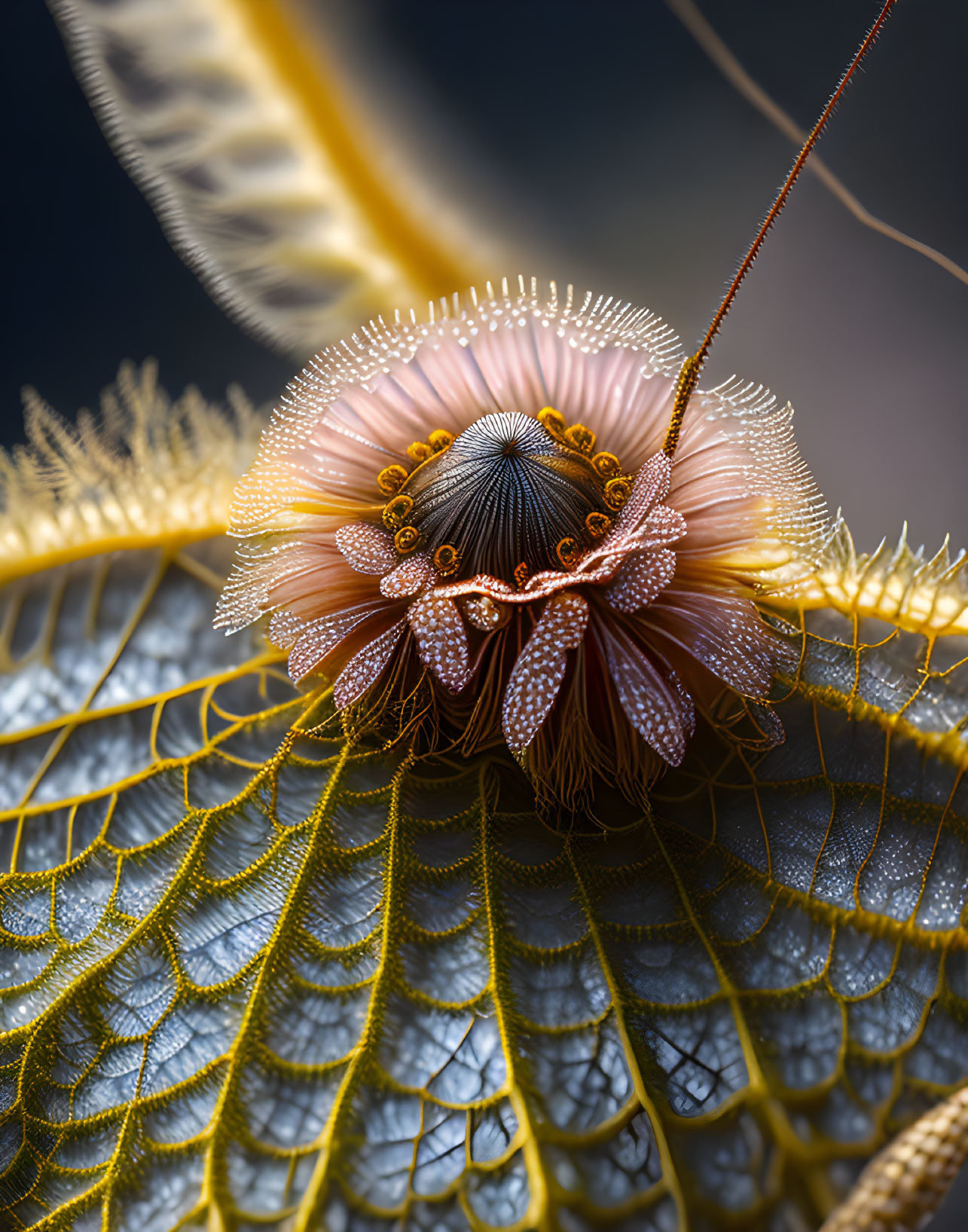 Intricate pink sea creature with tentacles on golden leaf