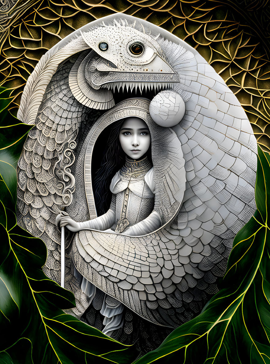 Monochrome illustration of woman with intricate dragon and leaf patterns