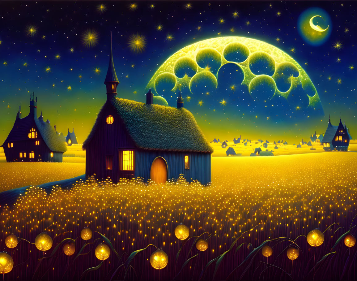 Night scene with glowing moon, stars, crescent moon, cottage, and glowing flowers.