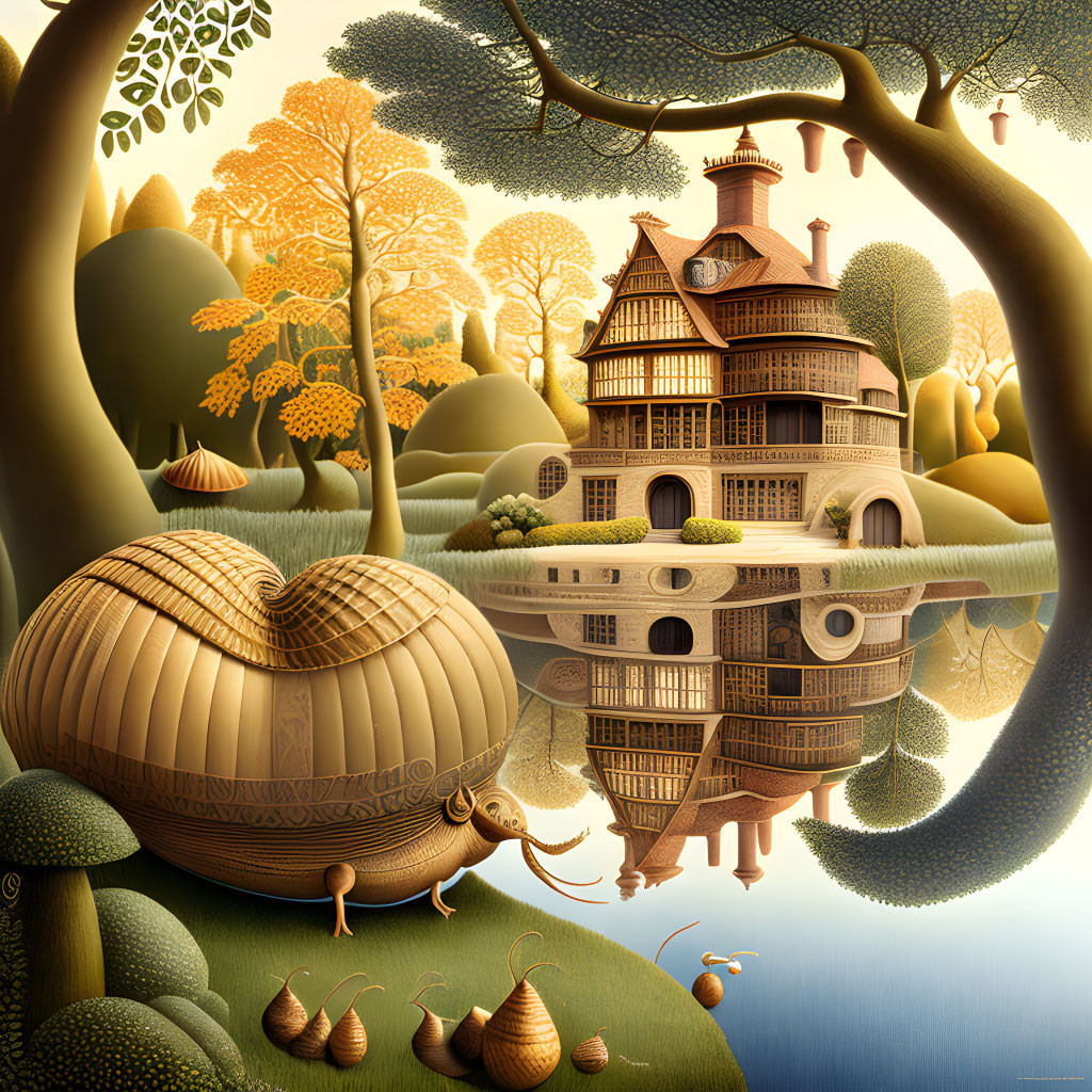 Whimsical landscape with snail-shaped house, turret-style tree house, and snails near water
