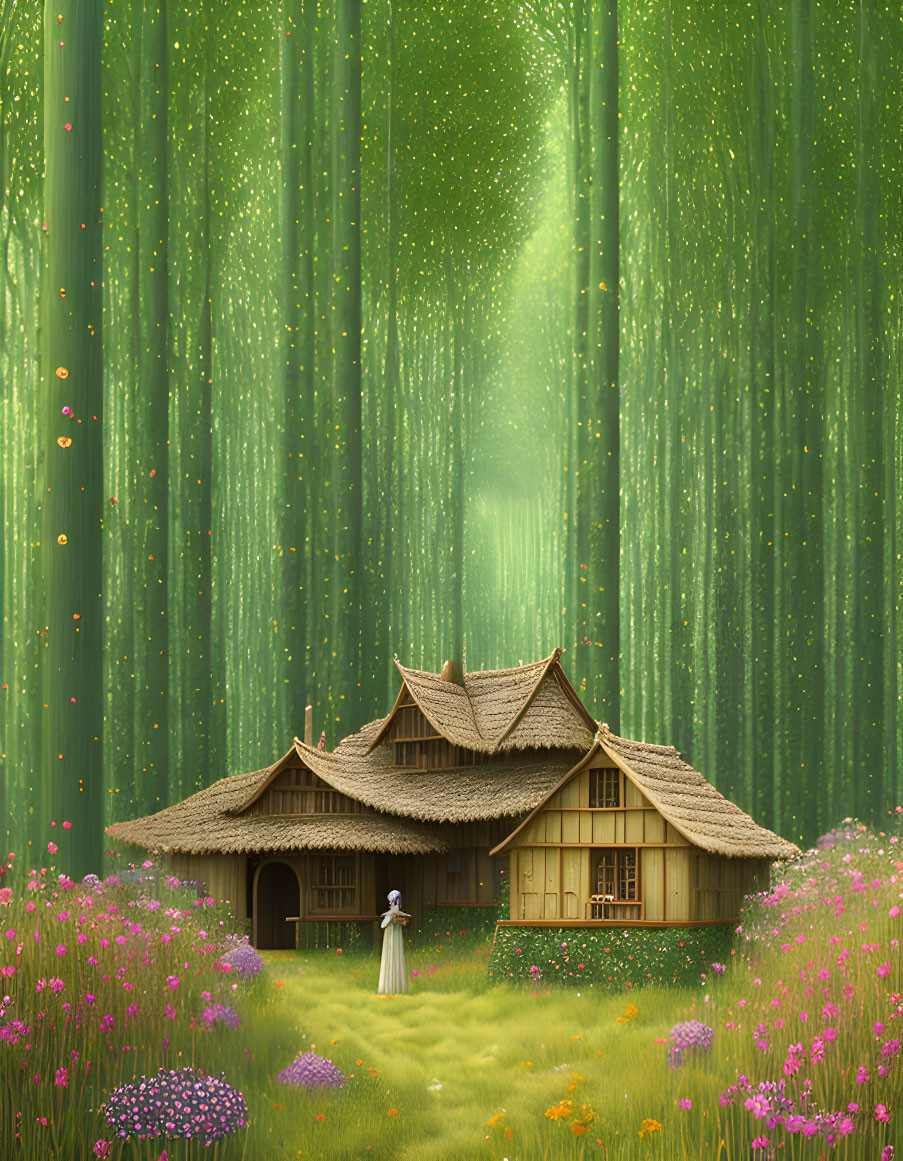 Traditional Asian-style house in lush forest with pink flowers and glowing lights