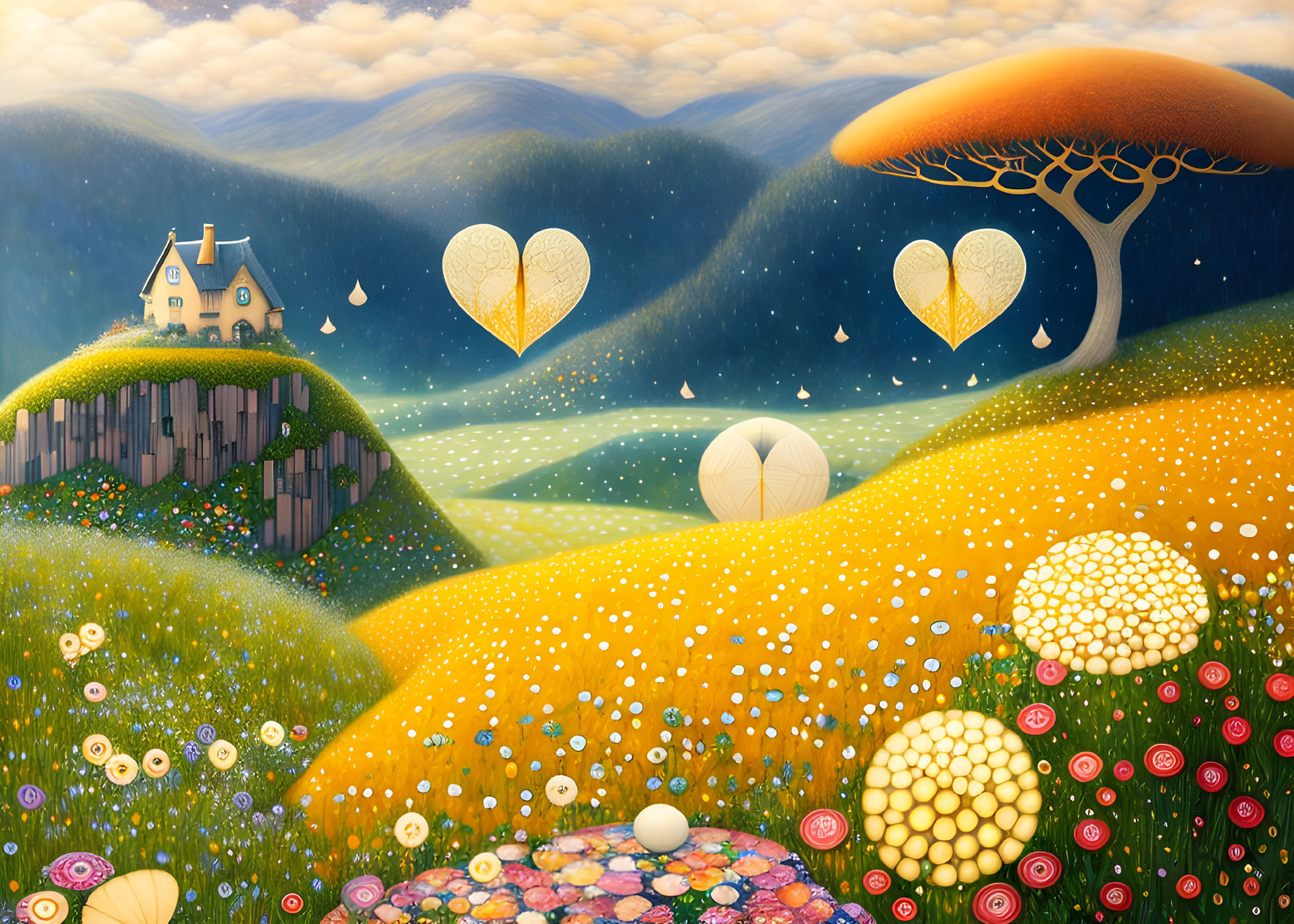 Whimsical landscape with cozy house, giant mushrooms, heart balloons, and vibrant flowers