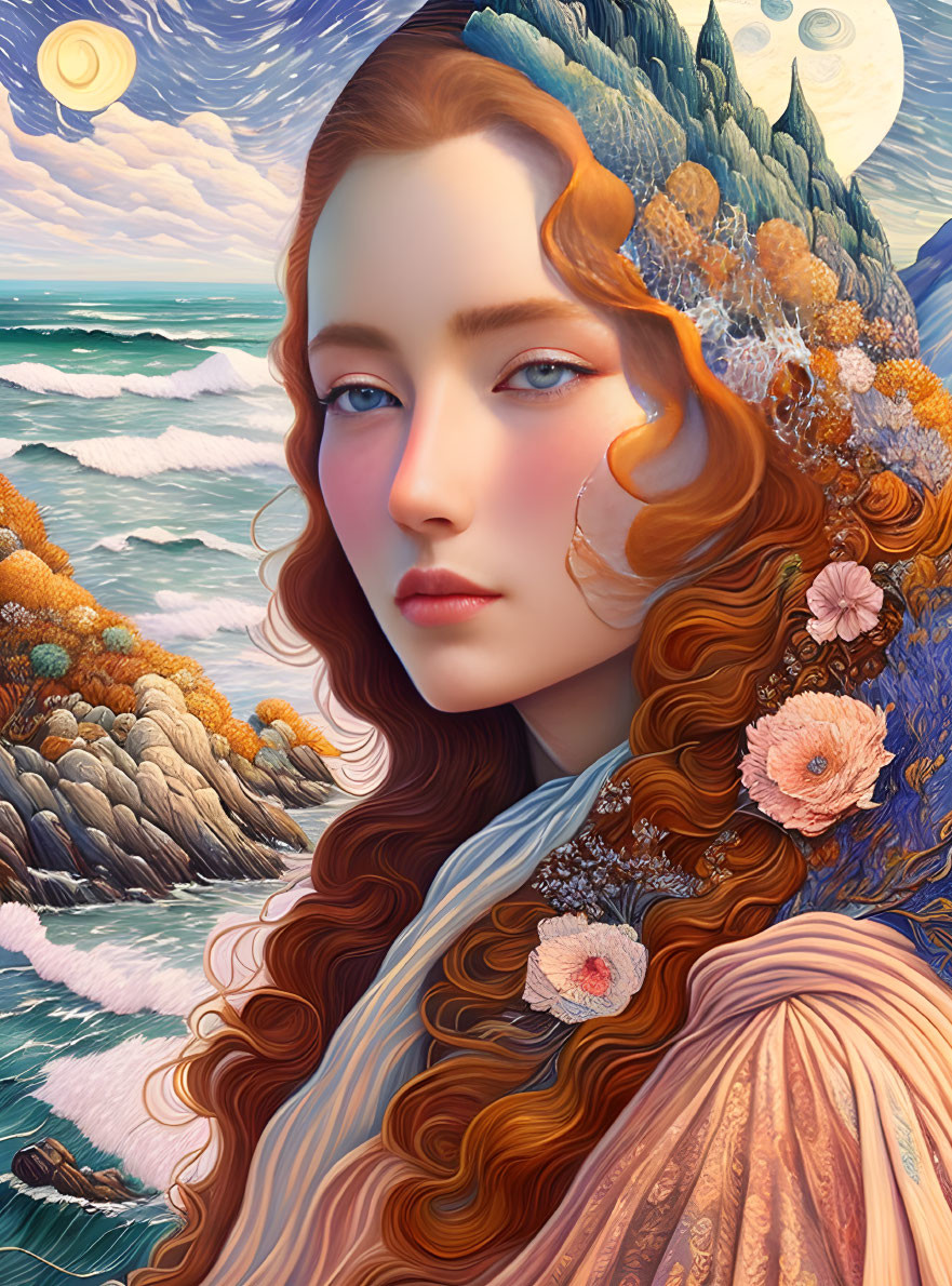 Vibrant surreal portrait of a woman with ocean and landscape elements in her hair