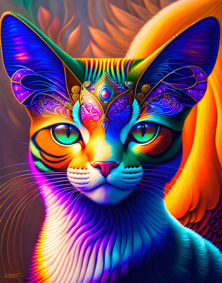 Colorful Cat Artwork with Intricate Patterns and Jewel-Like Details