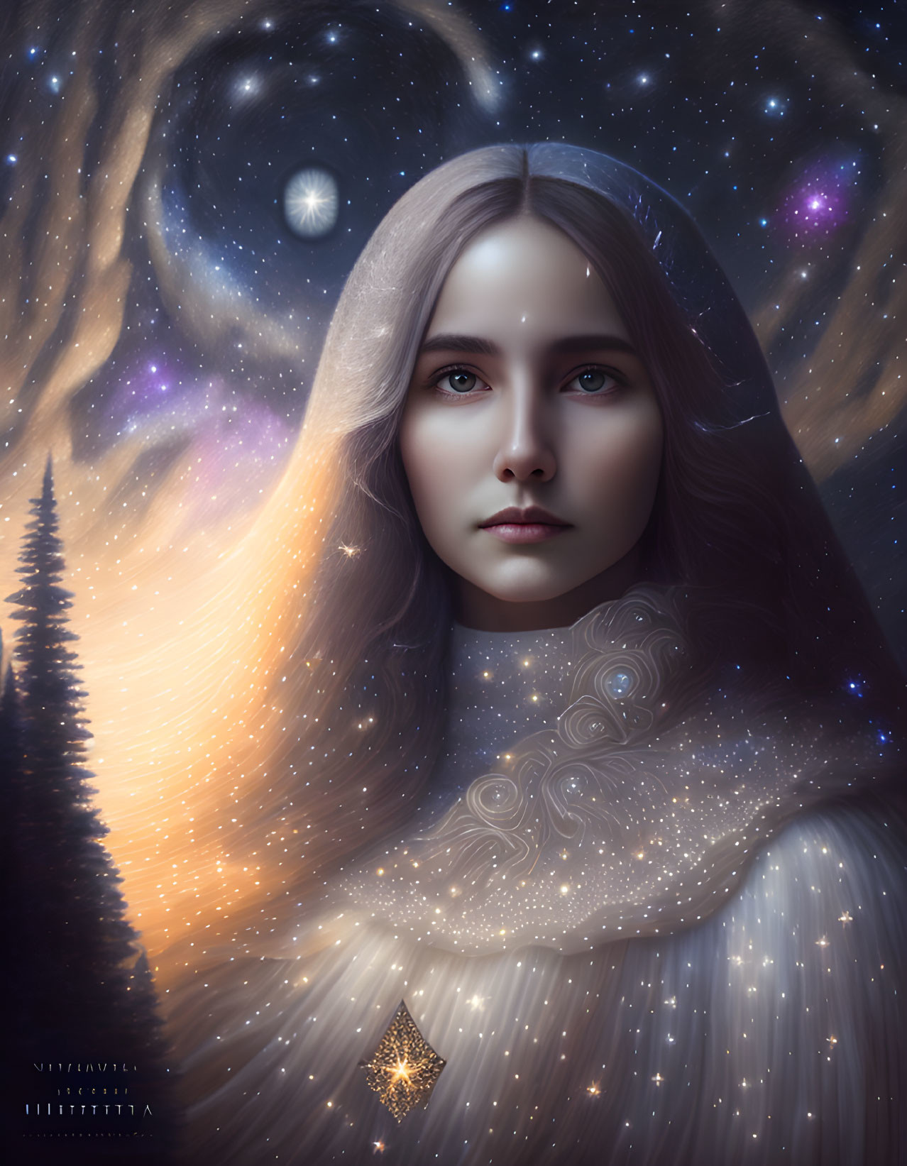 Woman's portrait blending cosmic features with starry sky and forest silhouette.