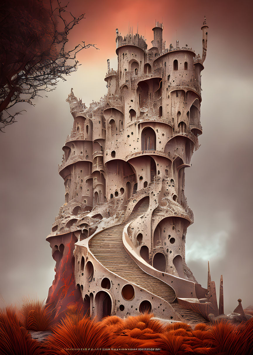 Surreal castle with balconies in red landscape