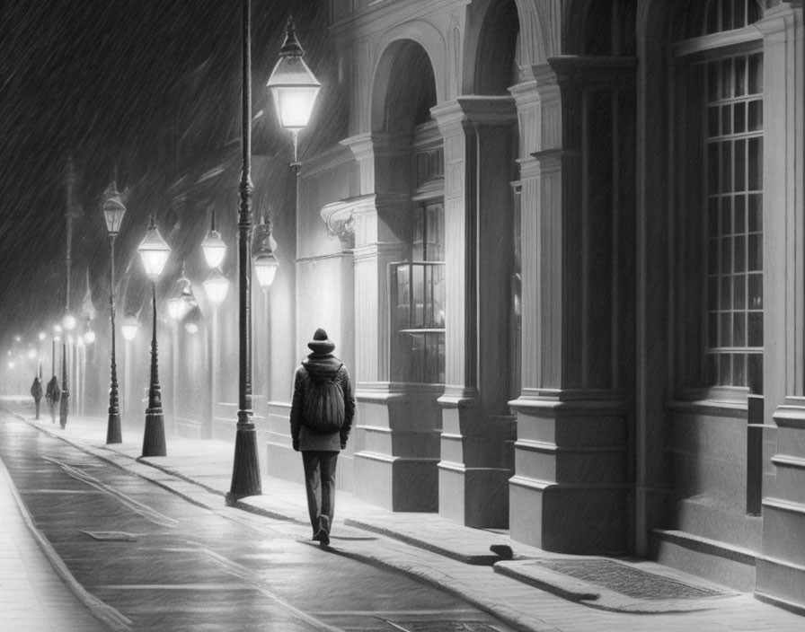 Lonely figure walking on rainy street under classic street lamps