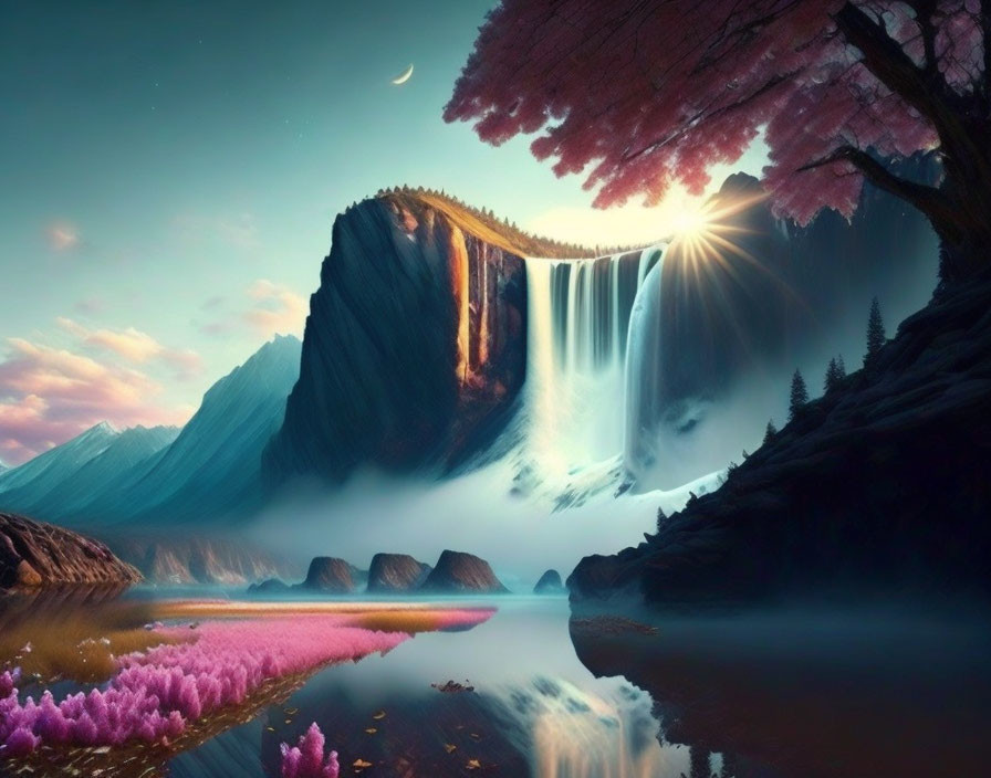 Majestic waterfall cascading over pink trees and rugged mountains