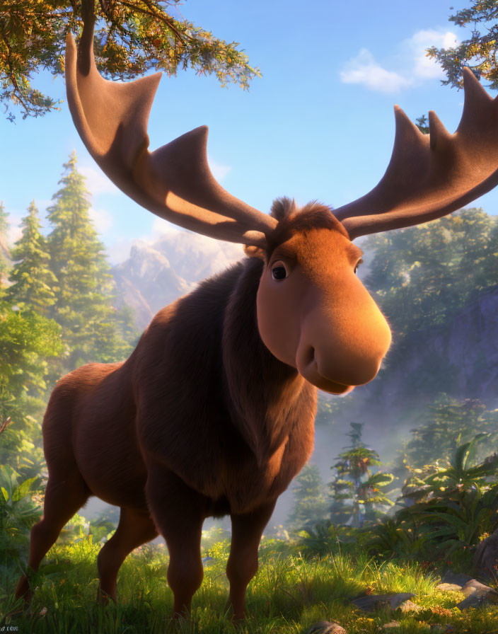 3D-animated moose in lush forest clearing with large antlers