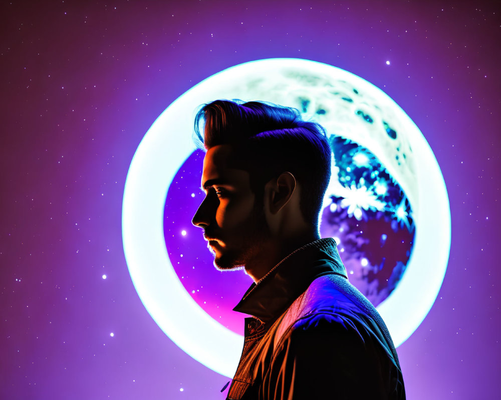 Man's Silhouette with Neat Hairstyle in Cosmic Scene