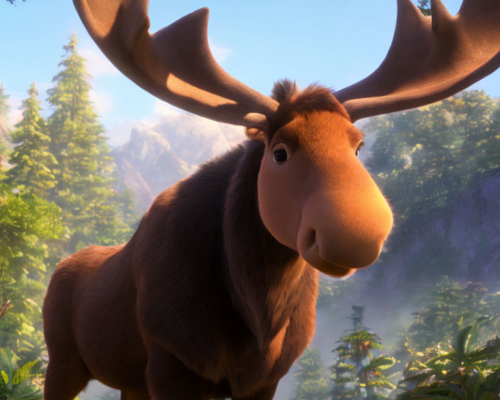 3D-animated moose in lush forest clearing with large antlers