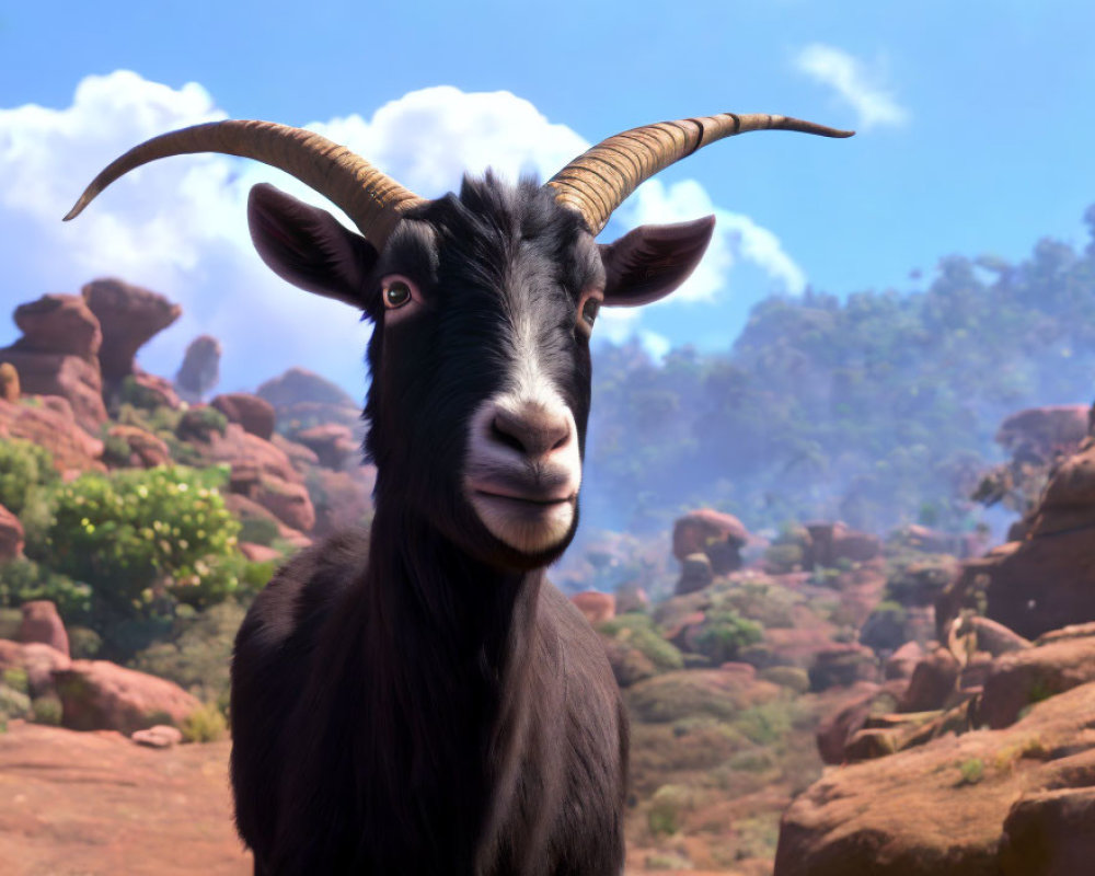 3D-animated black goat with curved horns against rocky background