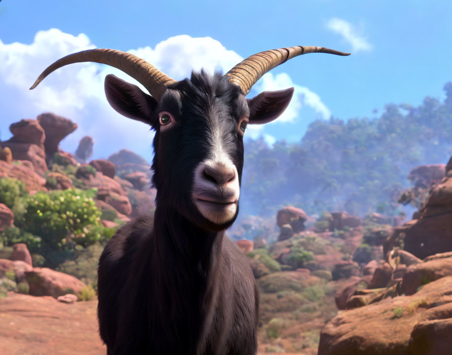 3D-animated black goat with curved horns against rocky background