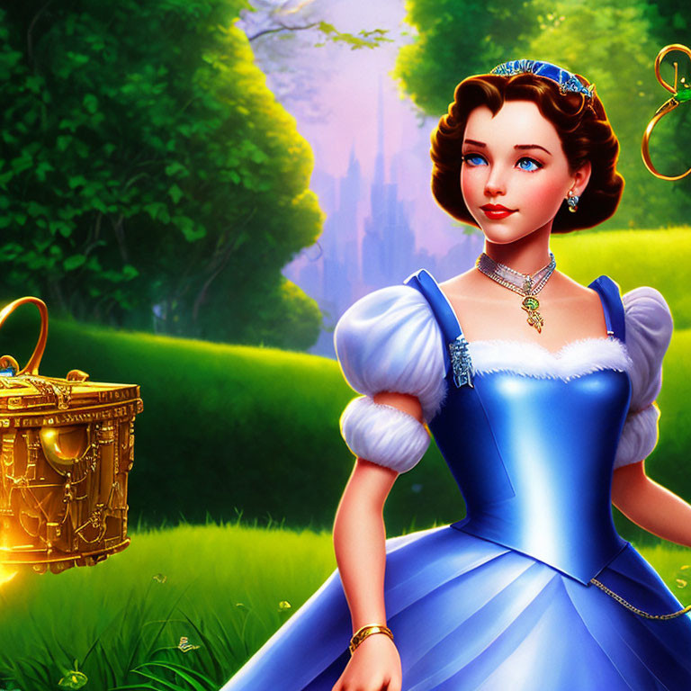 Animated young woman in blue dress in lush meadow with castle, holding birdcage