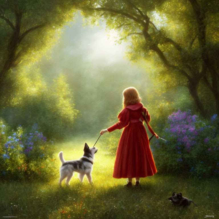 Girl in Red Cloak Walking with Dog in Enchanting Forest Glade