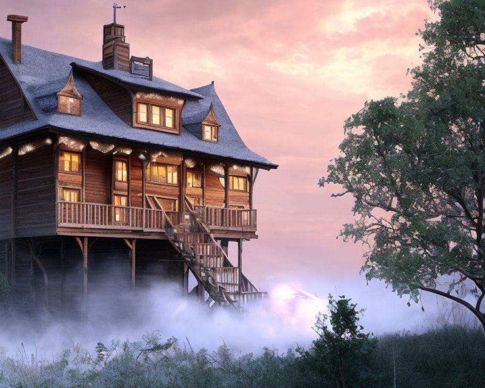 Spacious wooden house with balconies in misty twilight scenery