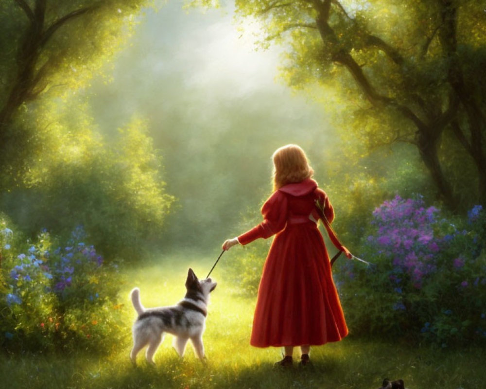 Girl in Red Cloak Walking with Dog in Enchanting Forest Glade