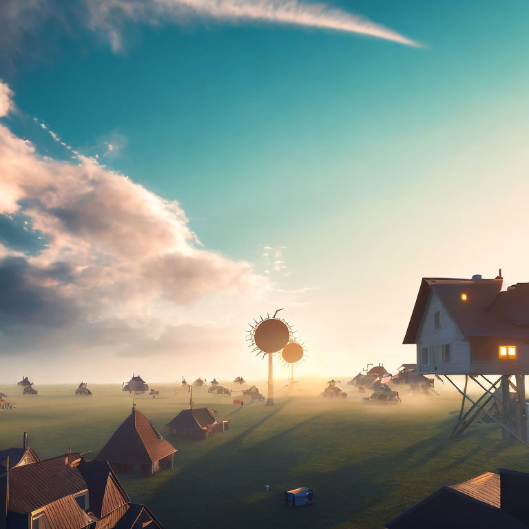 Stilted houses and windmills in misty sunrise field