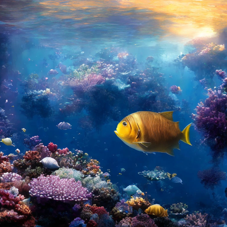 Colorful underwater scene with yellow and white fish and vibrant coral reefs