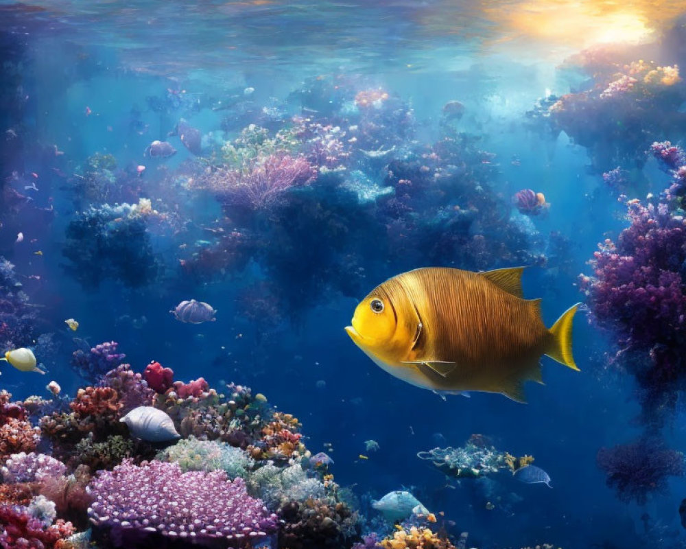 Colorful underwater scene with yellow and white fish and vibrant coral reefs