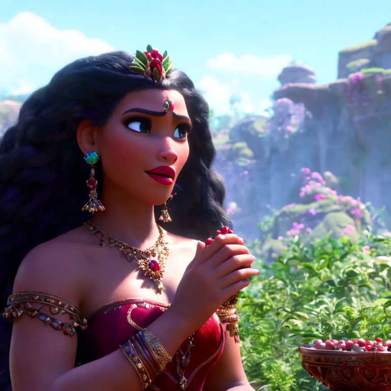 Dark-haired animated character in red outfit and gold jewelry gazes in nature.