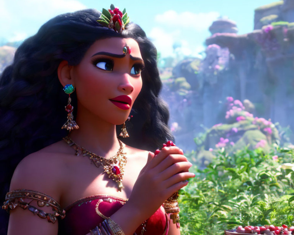 Dark-haired animated character in red outfit and gold jewelry gazes in nature.