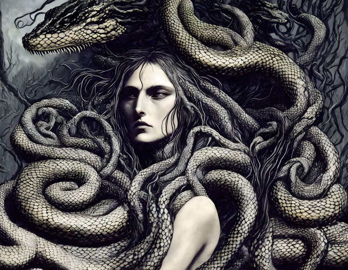 Detailed Portrait of Person with Snakes on Dark Background