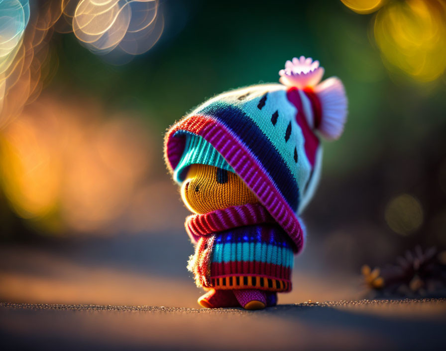 Colorful Striped Toy Bear with Knit Hat and Scarf in Golden Bokeh