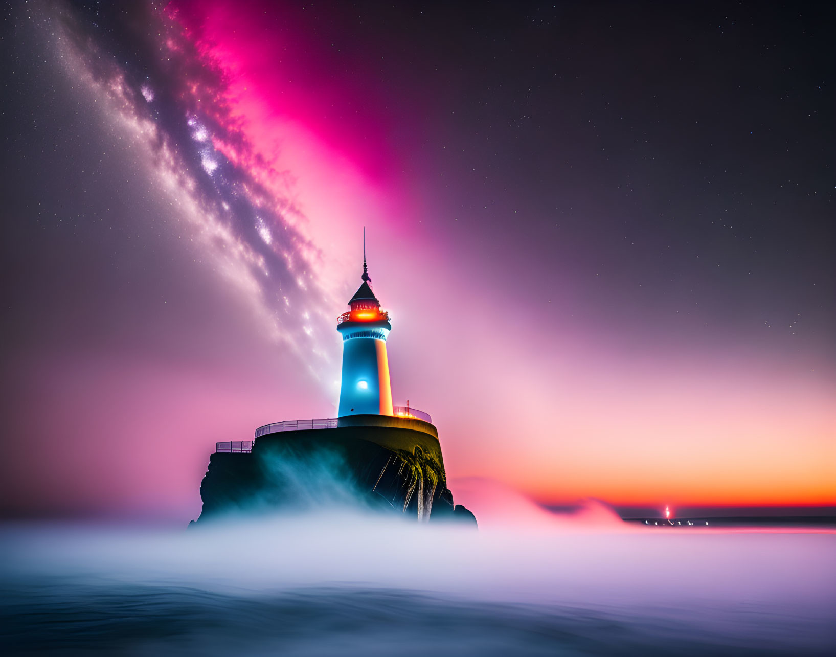 Lighthouse on rocky outcrop with glowing beacon and aurora borealis