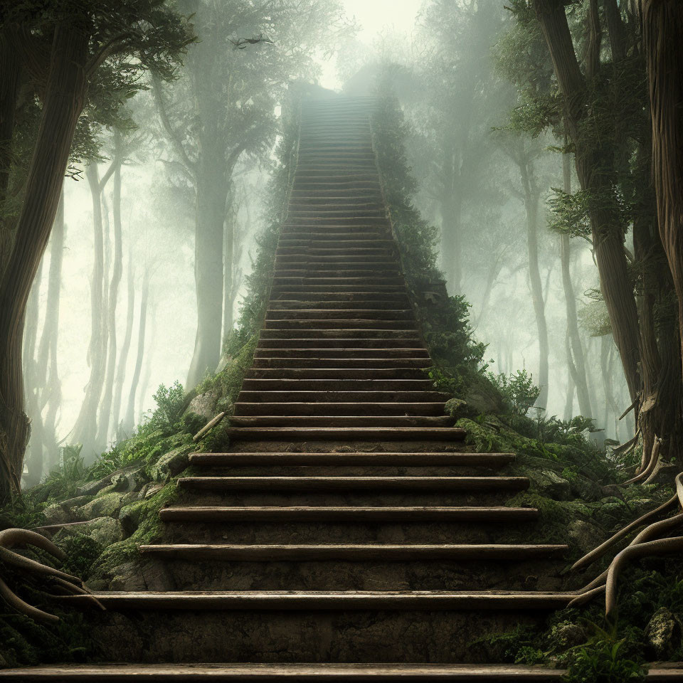 Mystical forest staircase in foggy canopy with thick tree trunks