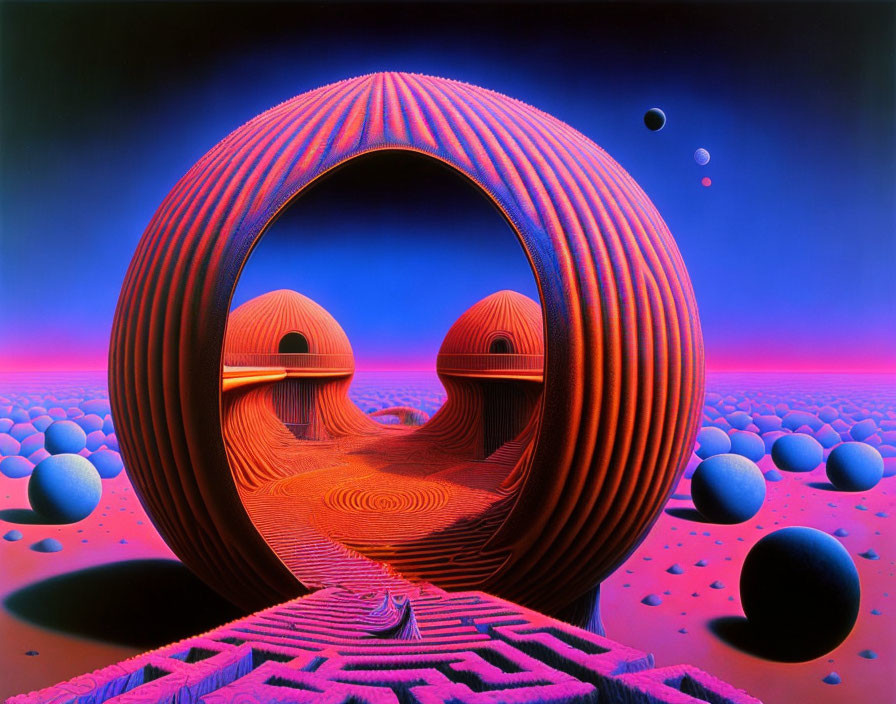 Vibrant surreal landscape with red torus, spheres, and purple sky