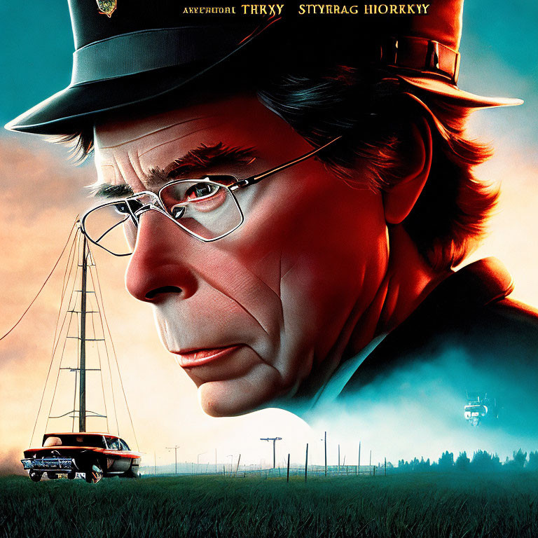 Military-style cap man on film poster with sunset backdrop, power lines, and car