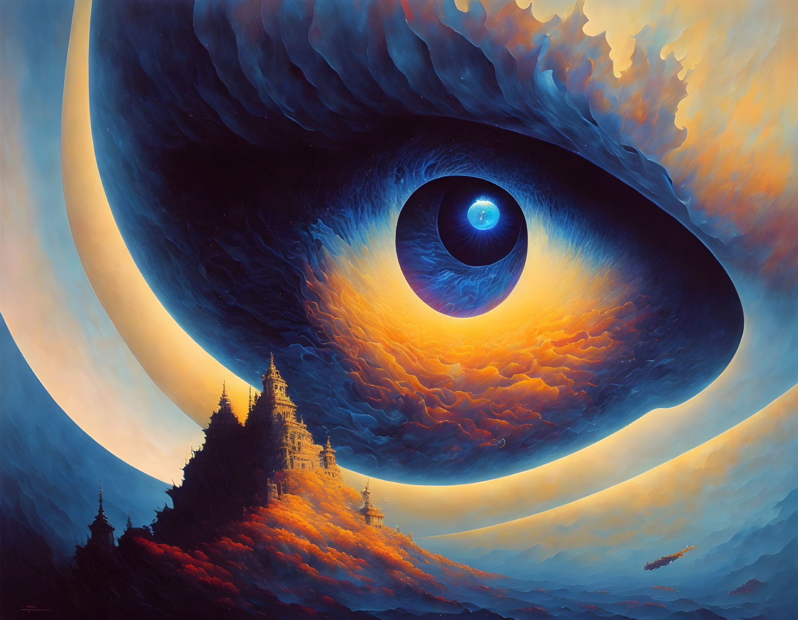 Surreal painting: Giant eye, castles, swirling clouds