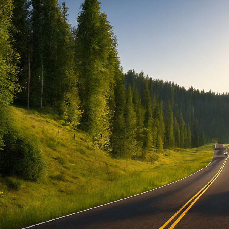 Tranquil country road winding through lush green forest