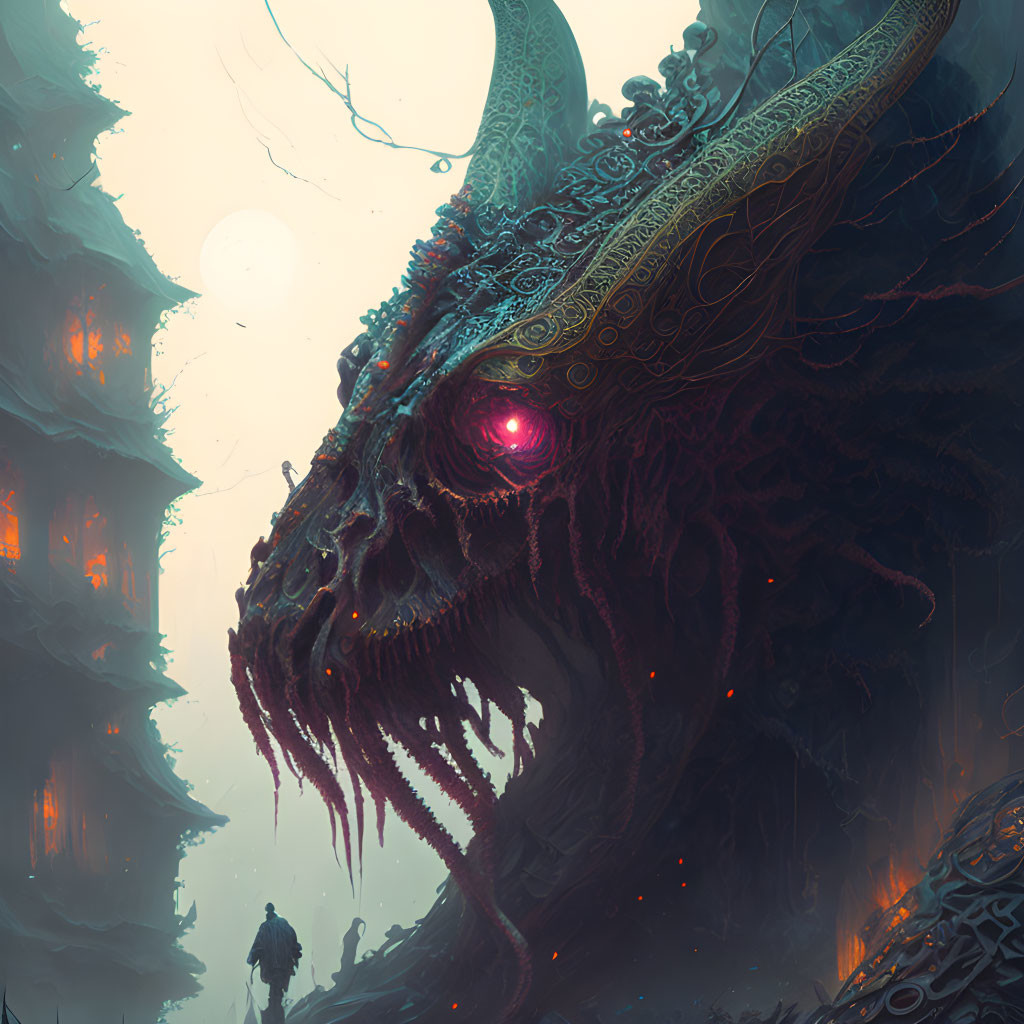 Intricate horned dragon with glowing eyes in dark landscape