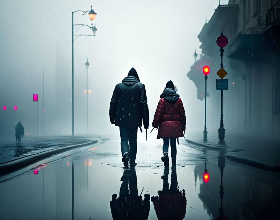 Reflection of two people walking in foggy, dimly lit wet street