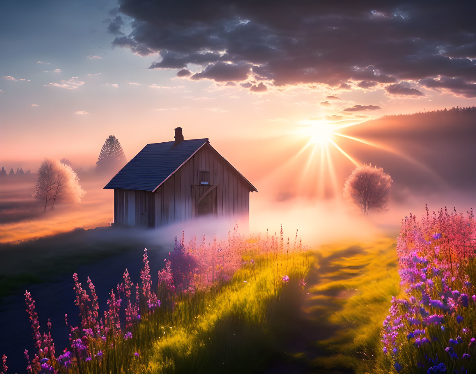 Tranquil Sunrise Landscape with Solitary House and Purple Flowers