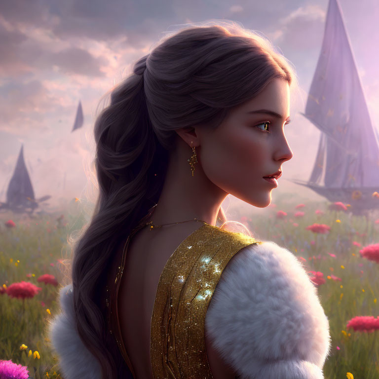 Digital artwork featuring woman with braided hair and golden accessories, surrounded by sail-like structures and flowers.