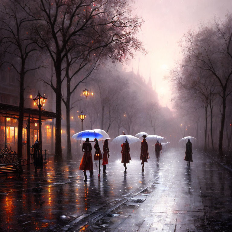 Pedestrians with umbrellas on rain-soaked street at dusk with warm-lit cafe & mist