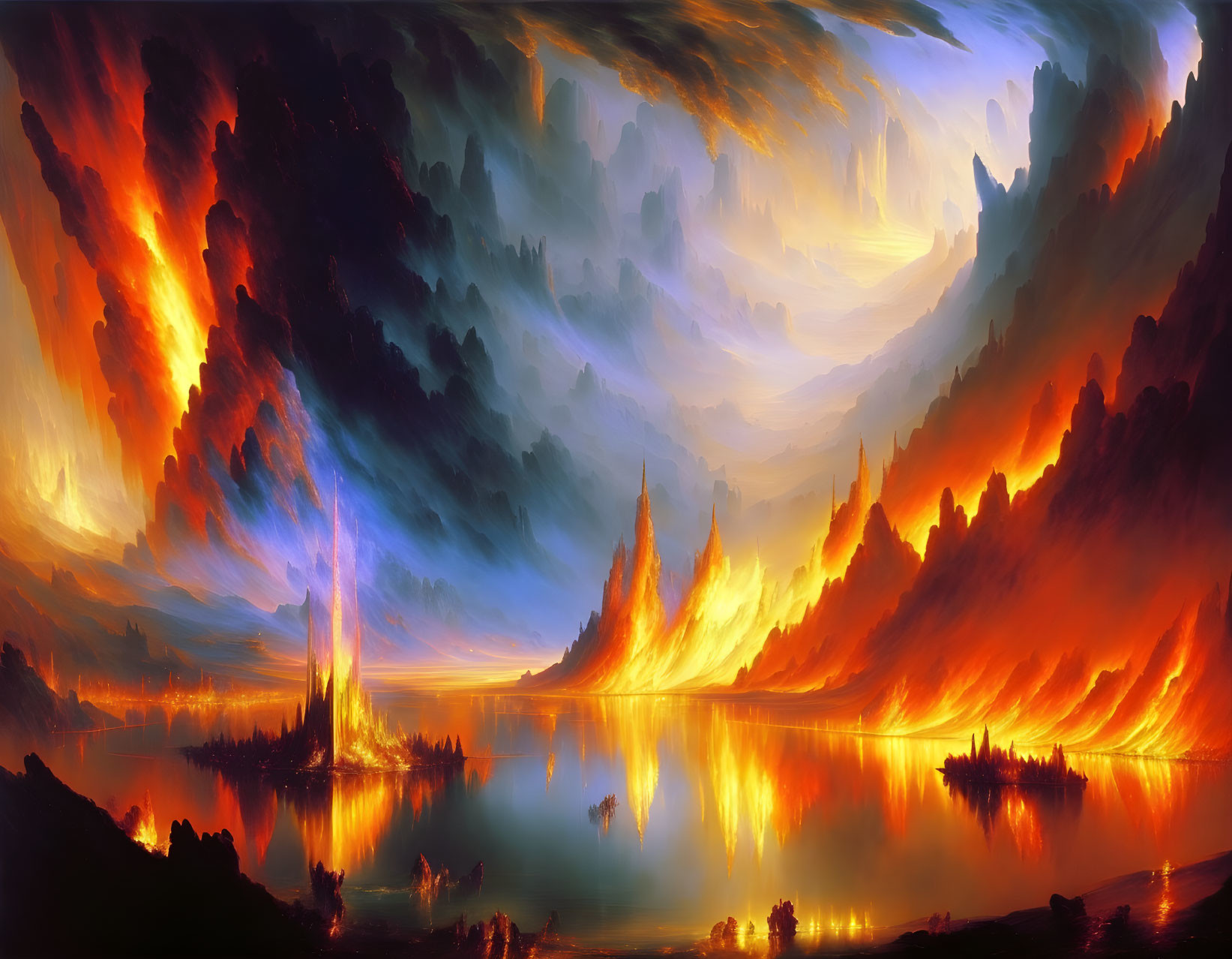 Surreal landscape with fiery skies and mirrored mountains