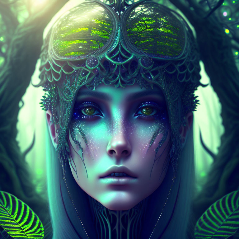 Mystical female figure with blue eyes in ornate headgear amidst green forest.