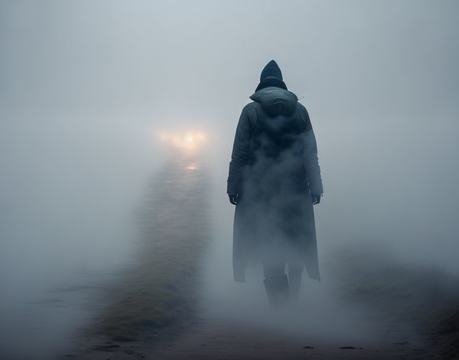 Solitary figure in thick fog on path with dim lights in distance