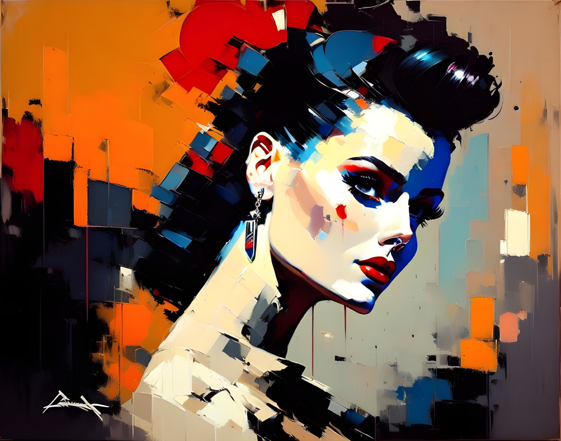 Colorful Abstract Portrait of Woman with Modern Hairstyle and Bold Makeup