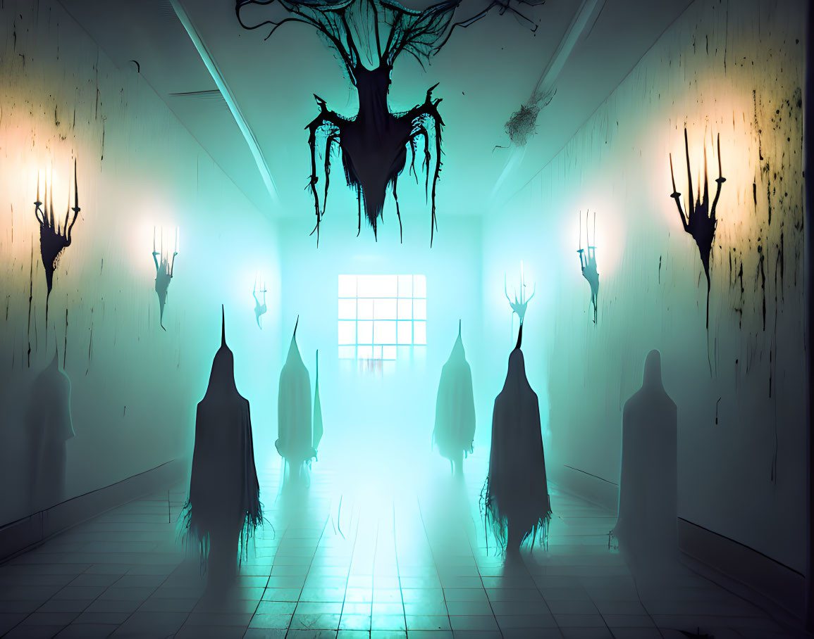 Spooky corridor with shadowy figures, antler decorations, and central ominous creature in blue light