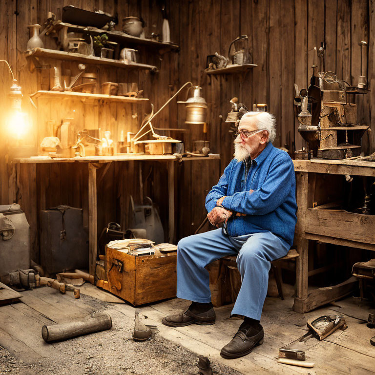 Elderly man in blue sweater and glasses in rustic workshop